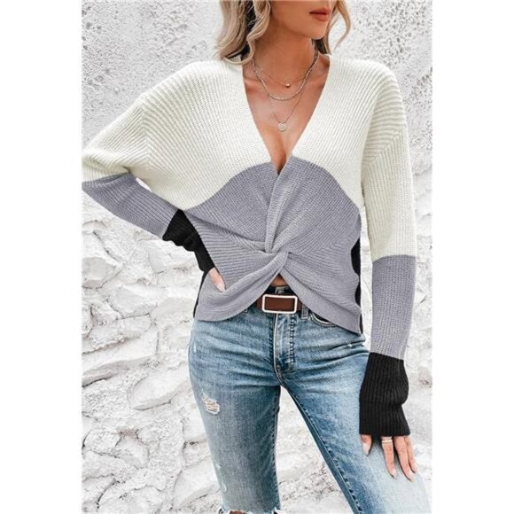 Gray Colorblock Chunky‎ Knit Pullover Sweater V Neck Twisted Knot Sweater Top - Picture 2 of 7